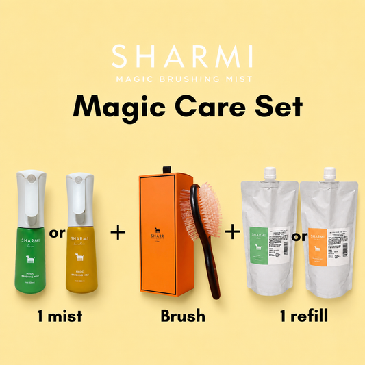 SHARMI魔法のケアセット〈ペットブラシ+ミスト1本(洋梨/金木犀)+300ml詰替1個(ミストと同じ香り)〉】